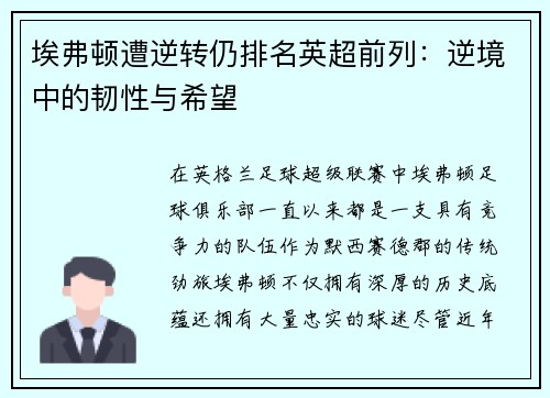 埃弗顿遭逆转仍排名英超前列：逆境中的韧性与希望