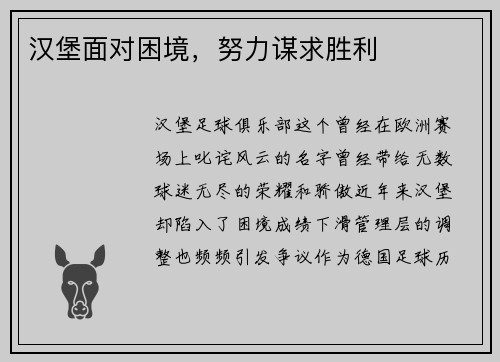 汉堡面对困境，努力谋求胜利