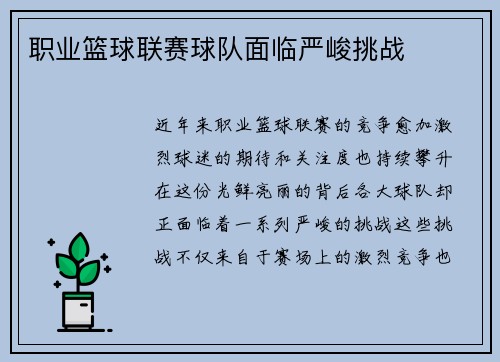职业篮球联赛球队面临严峻挑战