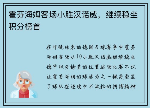 霍芬海姆客场小胜汉诺威，继续稳坐积分榜首