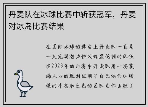 丹麦队在冰球比赛中斩获冠军，丹麦对冰岛比赛结果