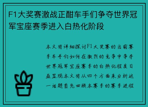 F1大奖赛激战正酣车手们争夺世界冠军宝座赛季进入白热化阶段