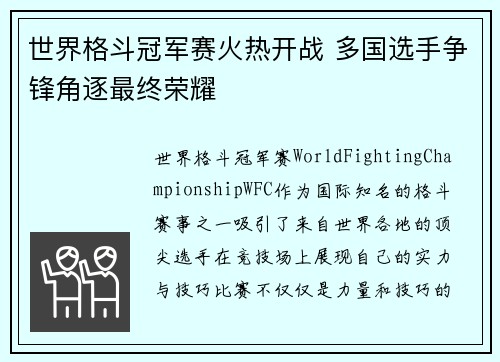 世界格斗冠军赛火热开战 多国选手争锋角逐最终荣耀