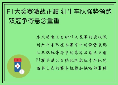 F1大奖赛激战正酣 红牛车队强势领跑 双冠争夺悬念重重