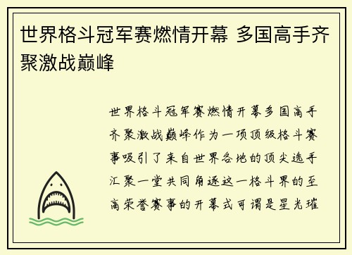 世界格斗冠军赛燃情开幕 多国高手齐聚激战巅峰