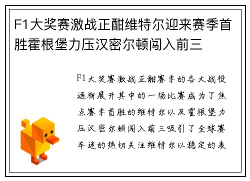 F1大奖赛激战正酣维特尔迎来赛季首胜霍根堡力压汉密尔顿闯入前三