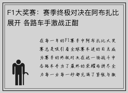 F1大奖赛：赛季终极对决在阿布扎比展开 各路车手激战正酣