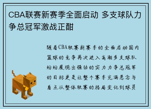 CBA联赛新赛季全面启动 多支球队力争总冠军激战正酣