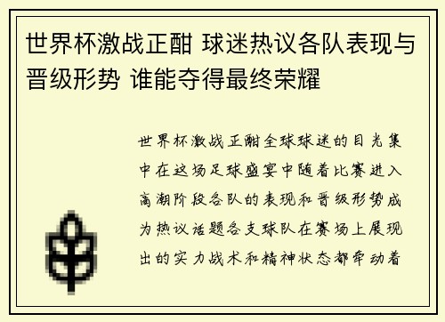 世界杯激战正酣 球迷热议各队表现与晋级形势 谁能夺得最终荣耀