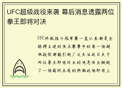 UFC超级战役来袭 幕后消息透露两位拳王即将对决