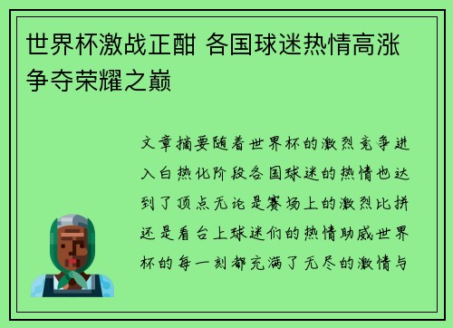 世界杯激战正酣 各国球迷热情高涨 争夺荣耀之巅
